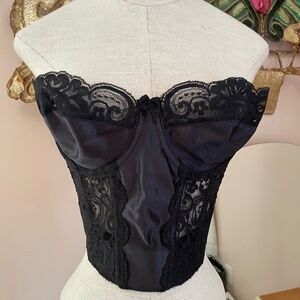 Vintage Victoria’s Secret 34C Long Line Bra/Bustier Black Lace Gold Label USA